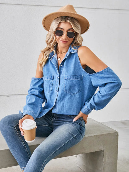 Cold Shoulder Pocketed Button Up Denim Jacket Carauana Store