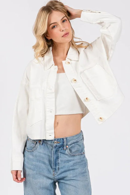 bytos Button Down Cropped Denim Jacket with Patch Pockets Carauana Store