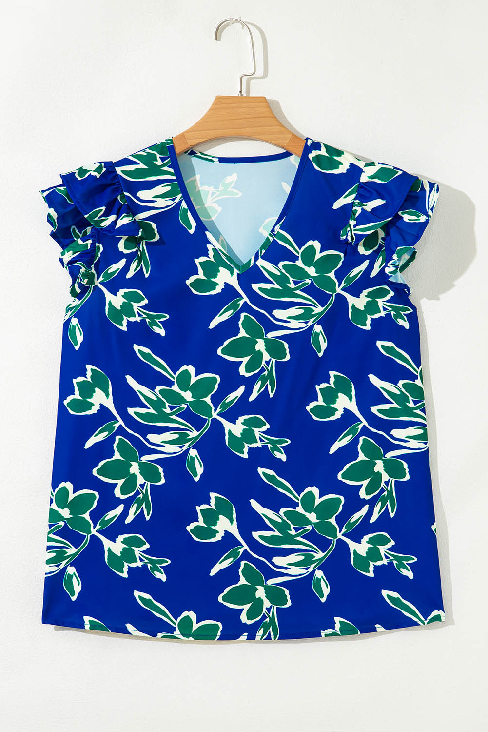 Blue V Neck Floral Print Double Ruffled Short Sleeve Blouse