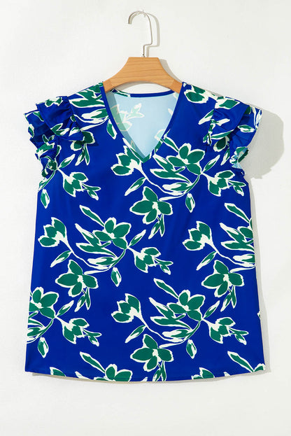 Blue V Neck Floral Print Double Ruffled Short Sleeve Blouse