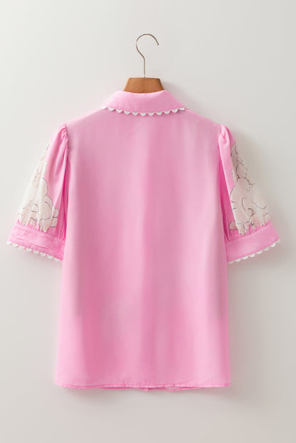 Rose Floral Ric Rac Edge Puff Sleeve Button Up Summer Shirt