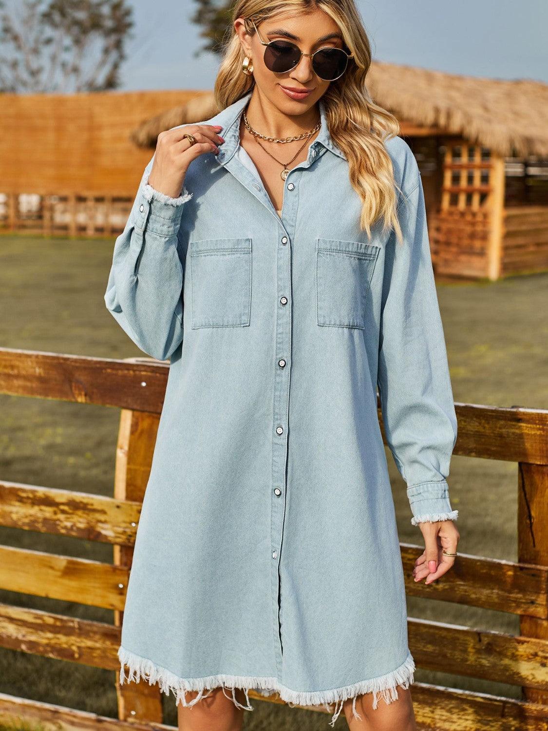 Button Up Collared Neck Raw Hem Denim Dress Carauana Store