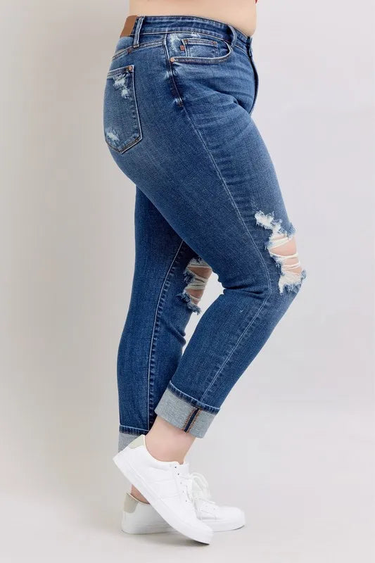 Judy Blue Full Size Mid Rise Boyfriend destroy Jeans with Yoke Pockets and Faux Selvedge Cuff Plus Size Carauana Store