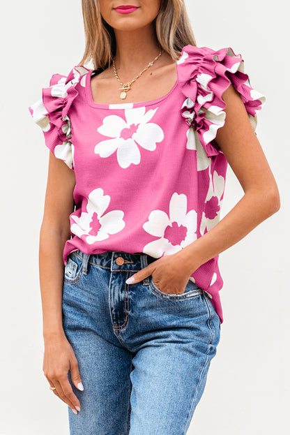 Pink Floral Textured Ruffled Short Sleeve Square Neck Blouse