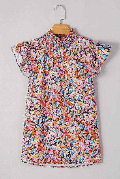 Orange Floral Print Flutter Sleeve Blouse Top