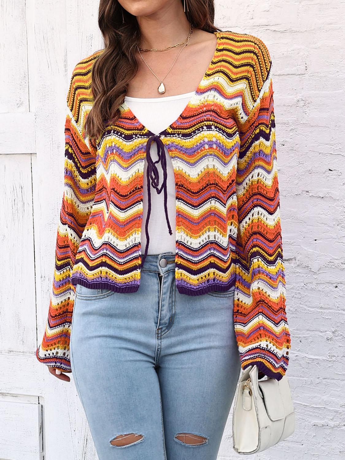 Striped Openwork Tied Cardigan Carauana Store