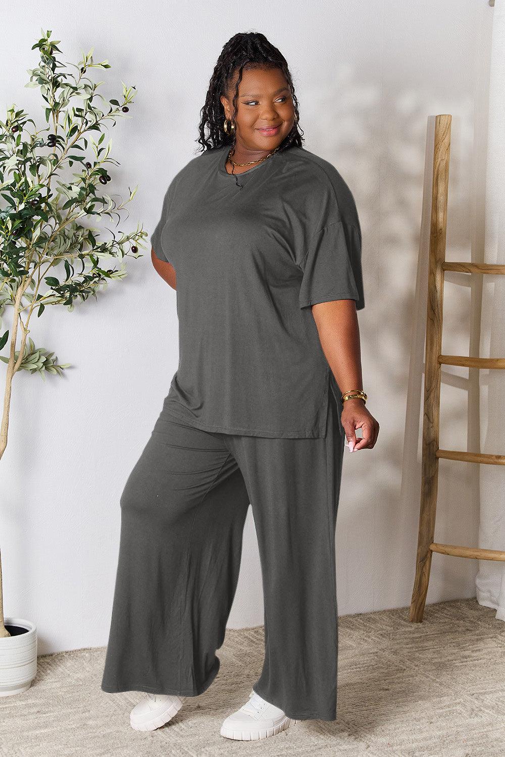 Double Take Full Size Round Neck Slit Top and Pants Set Carauana Store