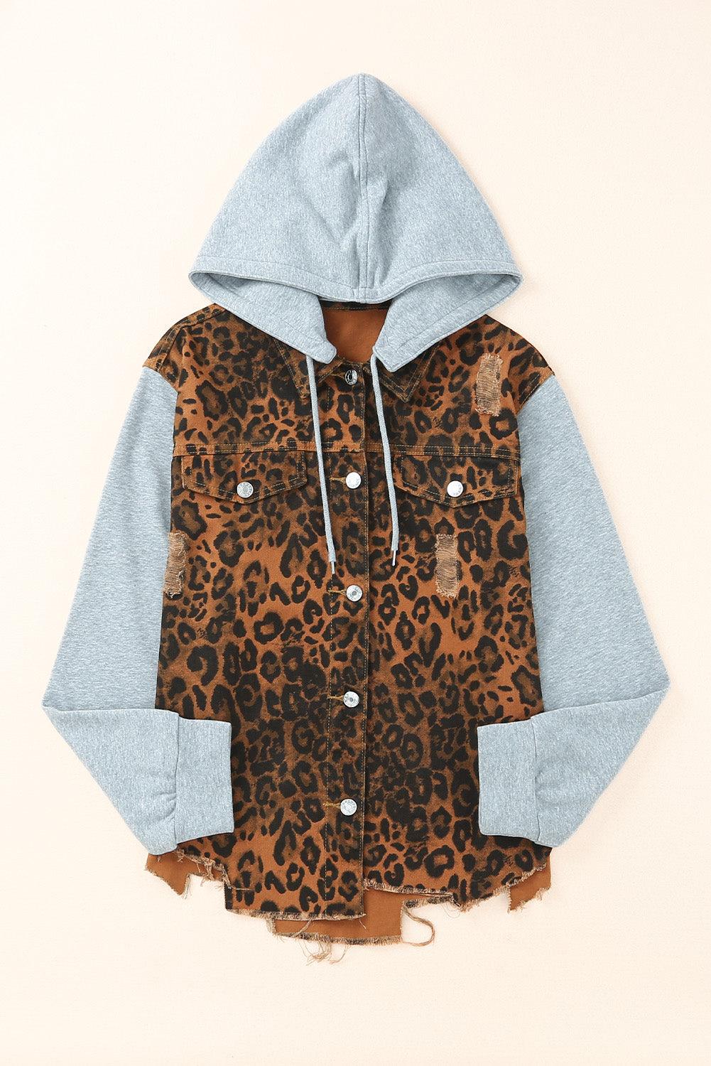 Leopard Distressed Drawstring Hooded Denim Jacket Carauana Store