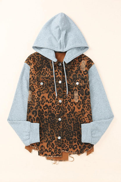 Leopard Distressed Drawstring Hooded Denim Jacket Carauana Store