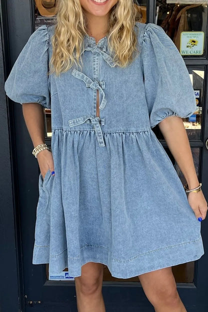 Bowknot Round Neck Half Sleeve Denim Dress Carauana Store