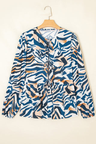Blue Zebra Print Tied Front Puff Sleeve Top