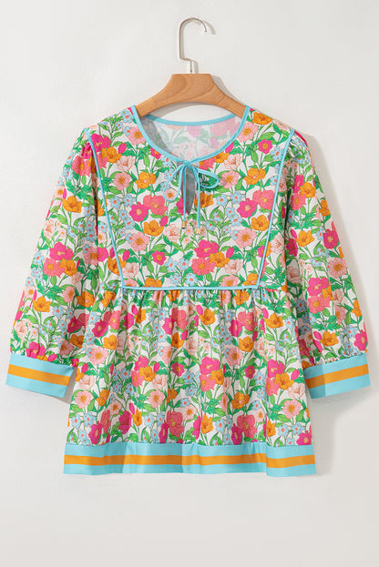 Green Floral Print Striped Trim Tie Neck Puff Sleeve Babydoll Blouse