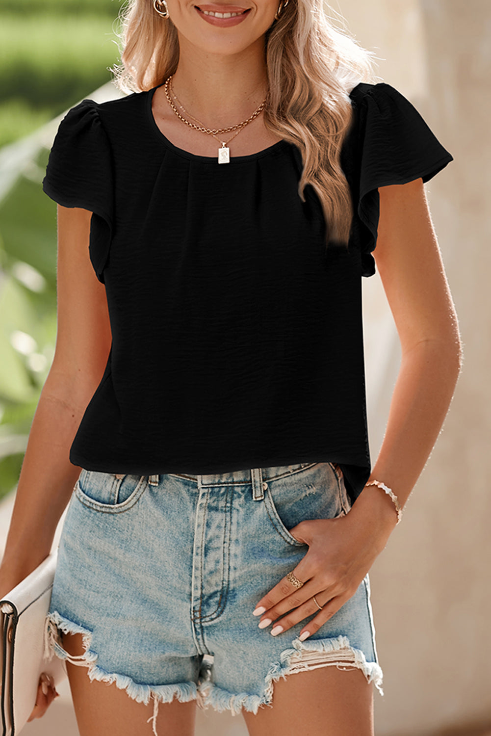 Black Flounce Sleeve Pleated Textured Blouse