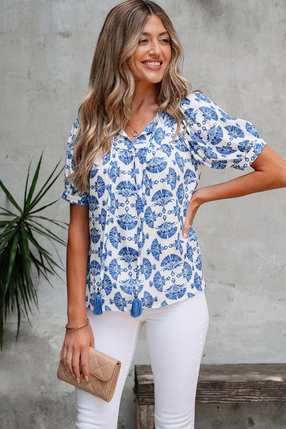 Sky Blue Geometric Print Tassel Drawstring V Neck Blouse
