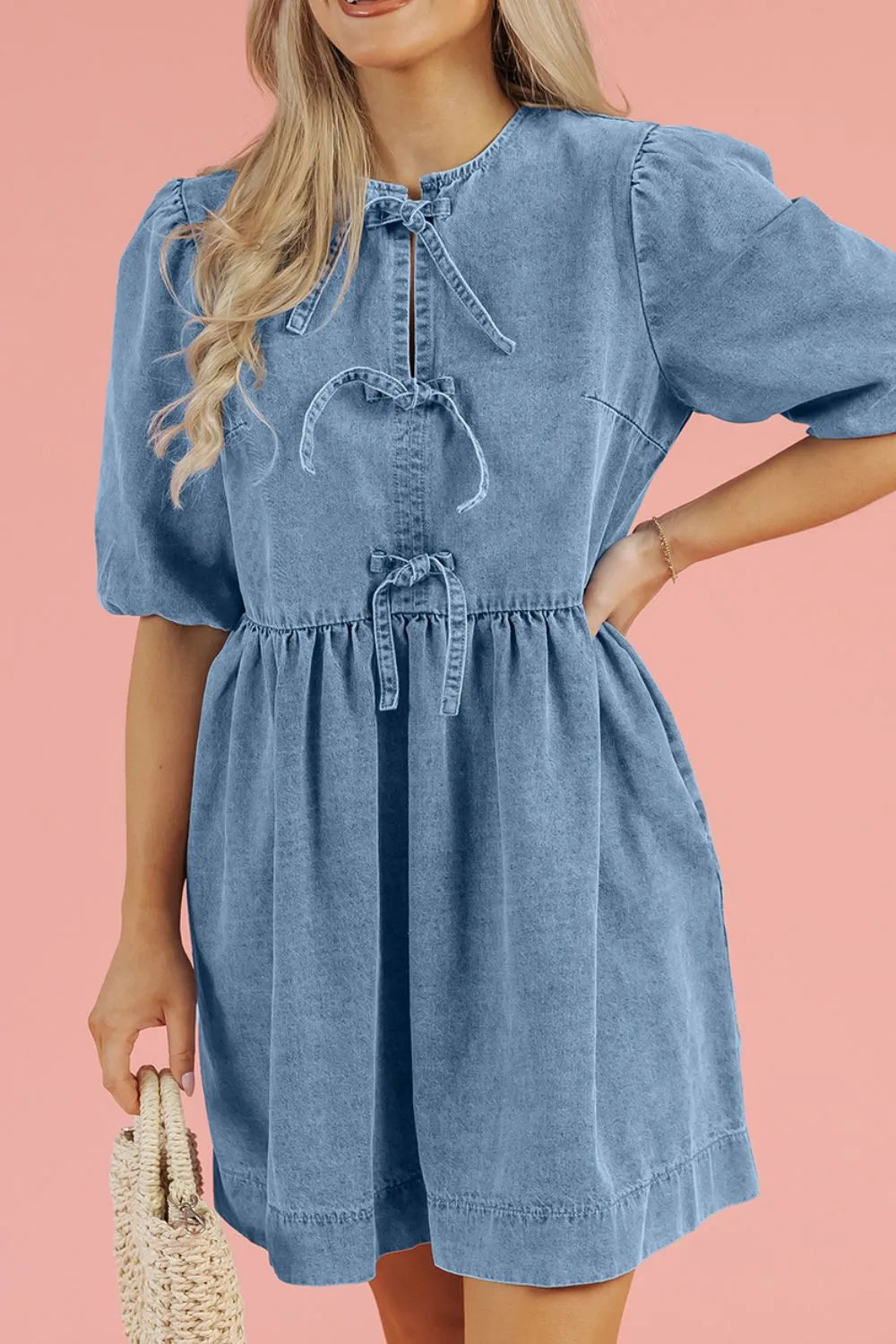 Bowknot Round Neck Half Sleeve Denim Dress Carauana Store