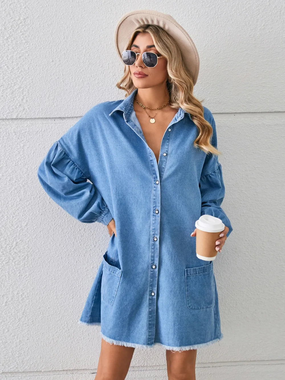 Button Up Pocketed Raw Hem Denim Dress Carauana Store