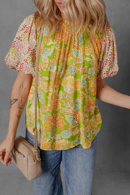 Multicolour Printed Contrast Bubble Sleeve Patchwork Blouse