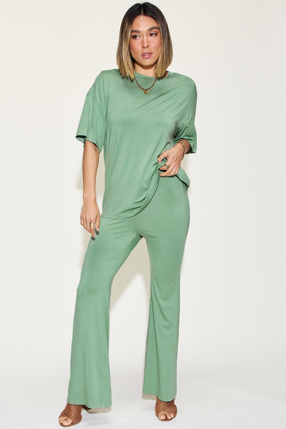 Basic Bae Full Size Bamboo Drop Shoulder T-Shirt and Flare Pants Set Carauana Store