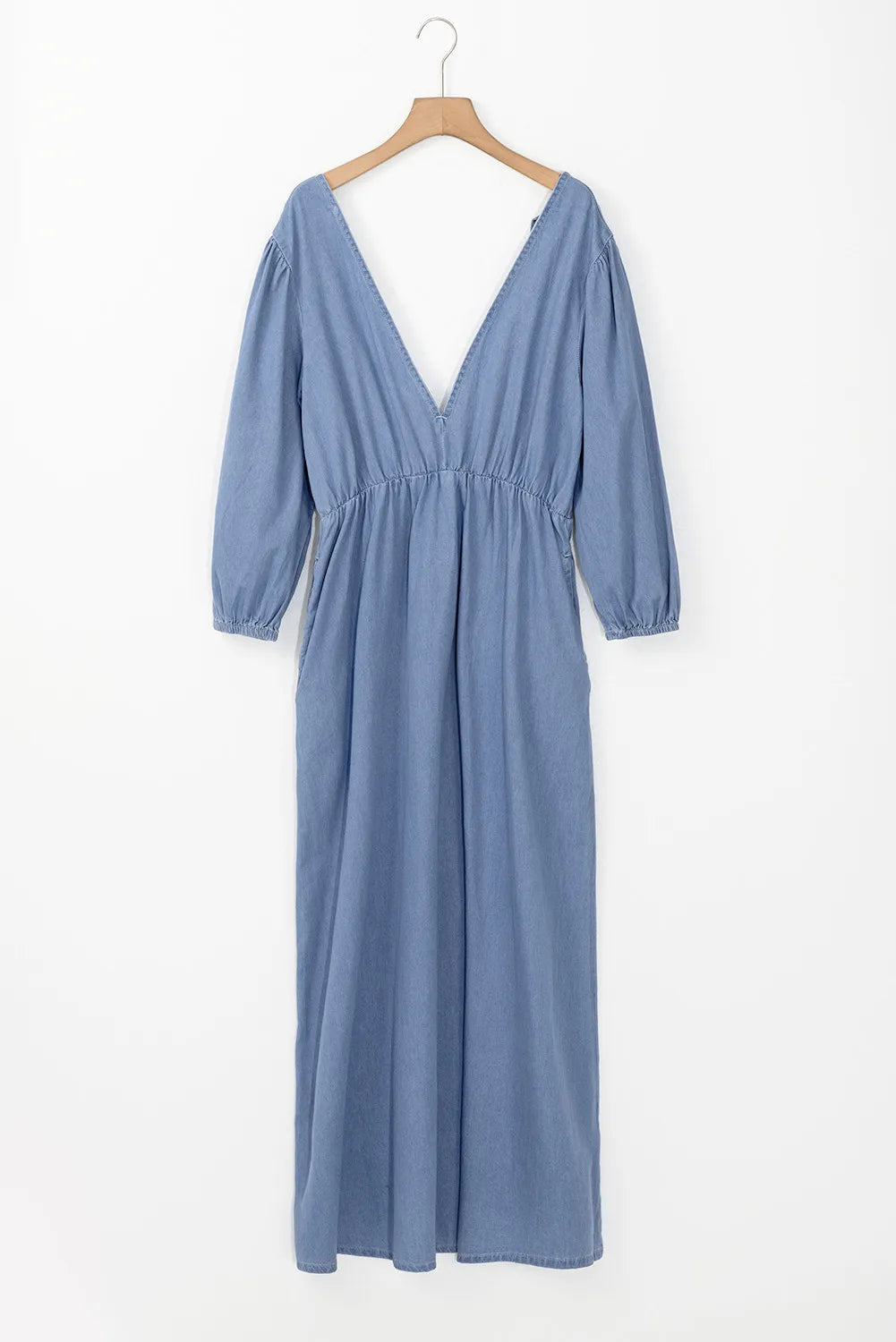 Tied Plunge Three-Quarter Sleeve Denim Dress Carauana Store