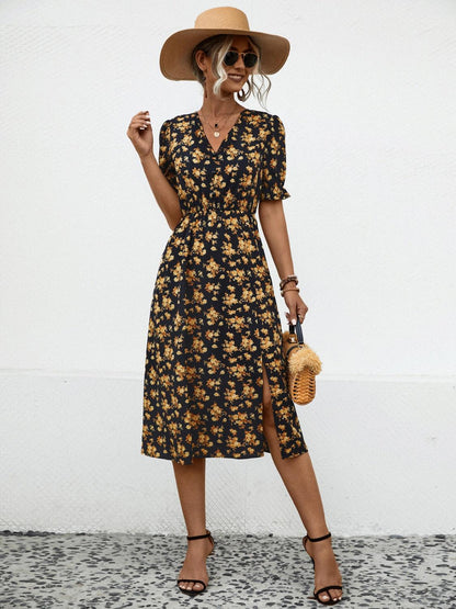 Slit Printed V-Neck Short Sleeve Dress Carauana Store