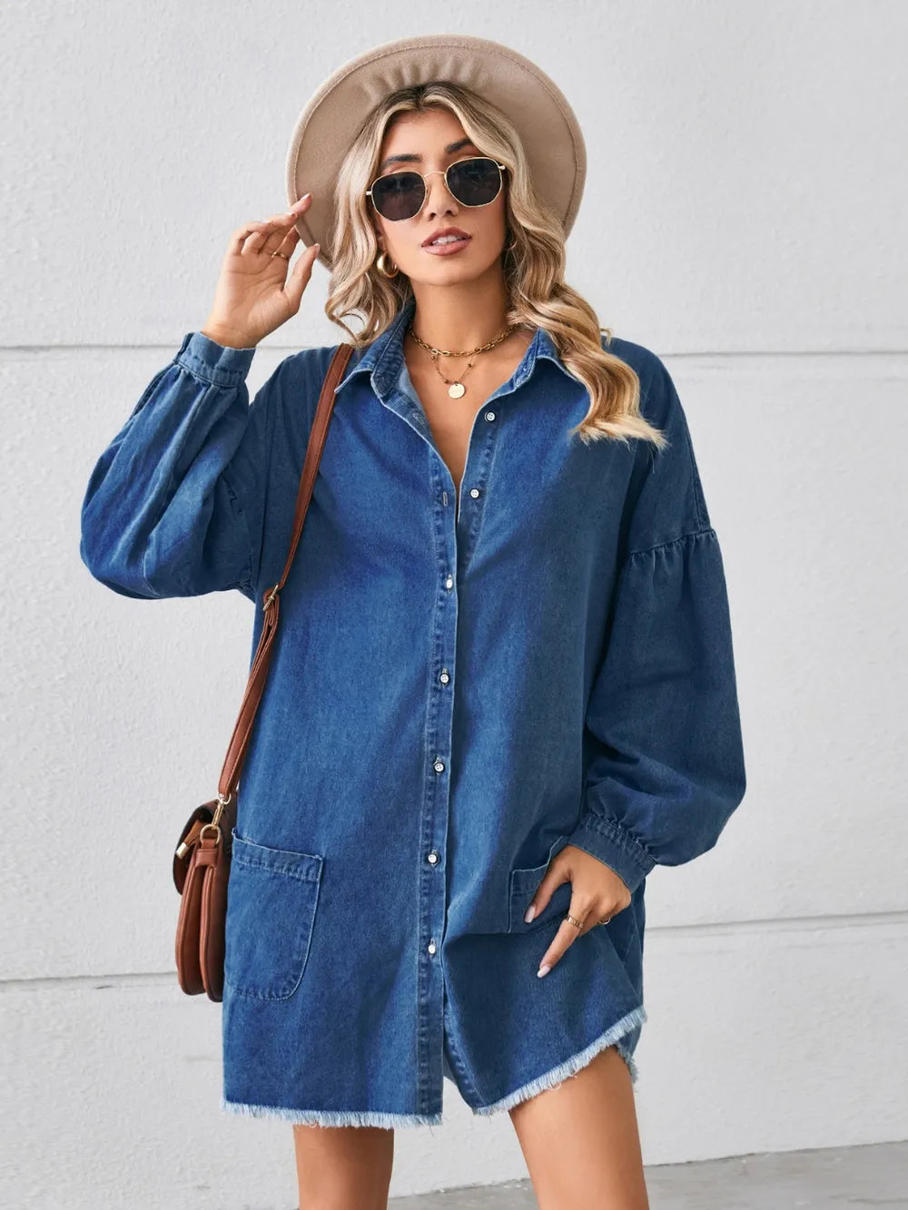 Button Up Pocketed Raw Hem Denim Dress Carauana Store