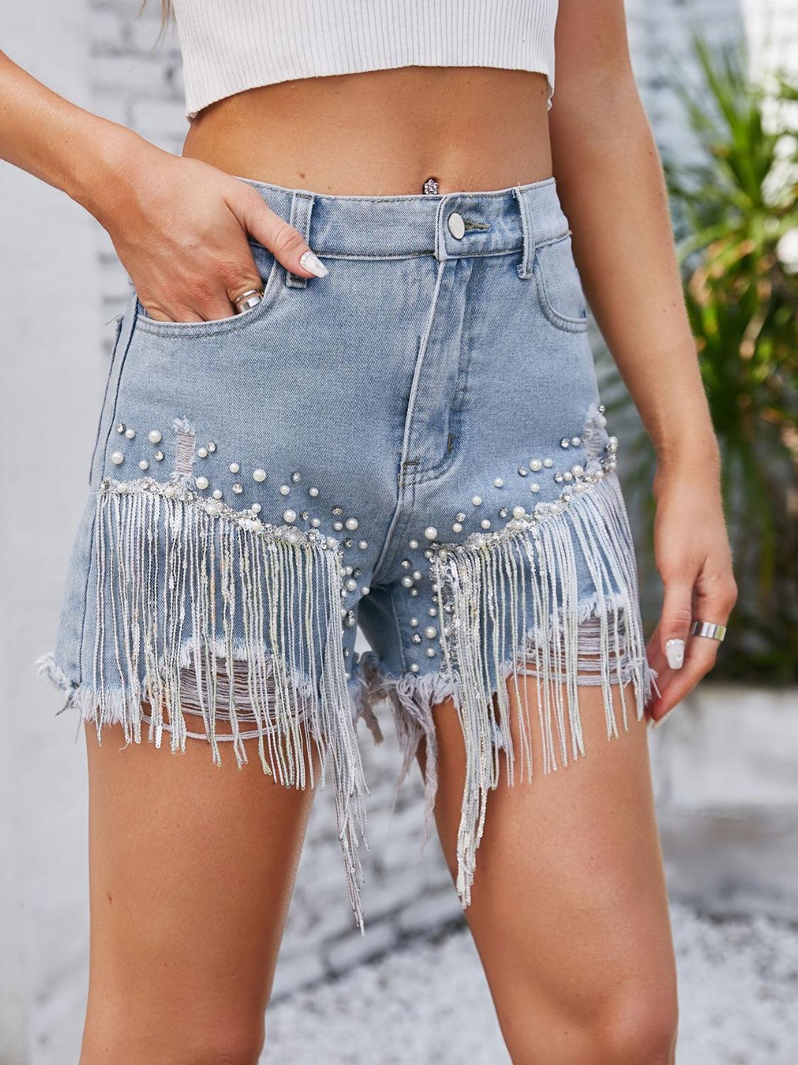 Distressed Pearl Trim Denim Shorts with Pockets Carauana Store