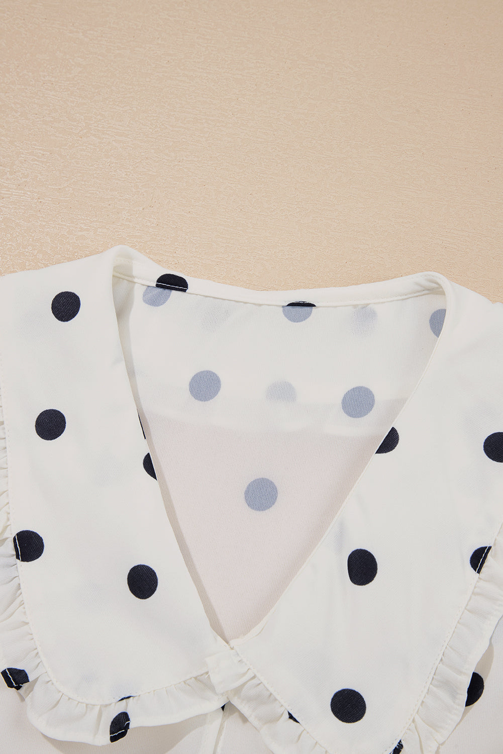 White Polka Dot Collared Lace up Font Puff Sleeve Peplum Top