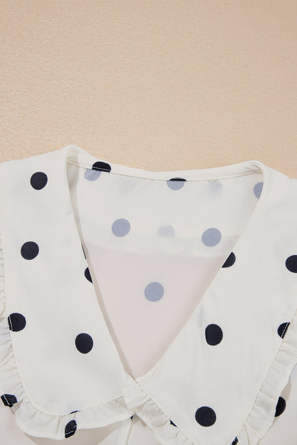 White Polka Dot Collared Lace up Font Puff Sleeve Peplum Top