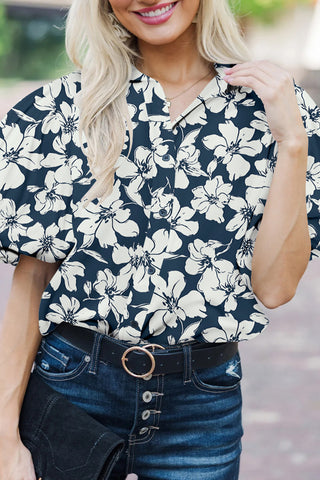 Blue Floral Short Puff Sleeve Summer Shirt