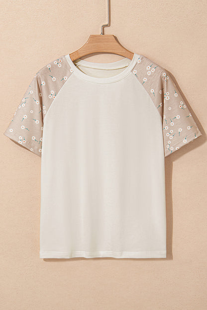 Beige Floral Print Color Block Raglan Sleeve T Shirt