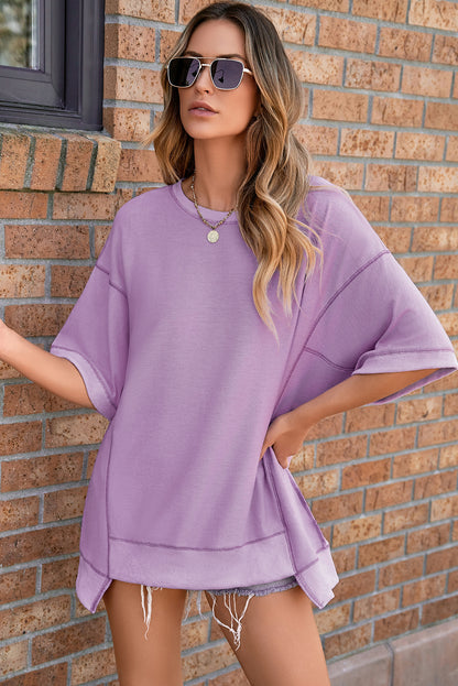 Orchid Petal Oversized Exposed Stitching High Low Half Sleeve Top