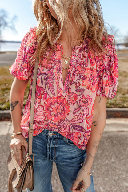 Red Floral Print Ruffled Puff Short Sleeve Blouse