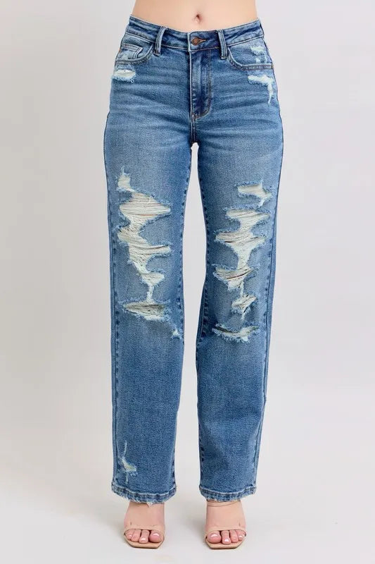 Judy Blue Full Size High Waist Heavy Destroy Straight Jeans Plus Size Carauana Store