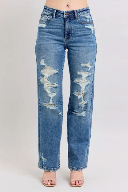 Judy Blue Full Size High Waist Heavy Destroy Straight Jeans Plus Size Carauana Store