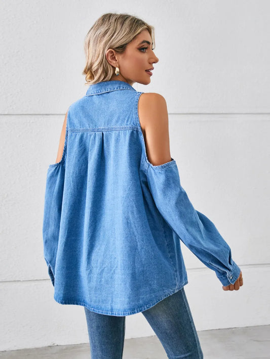Cold Shoulder Pocketed Button Up Denim Jacket Carauana Store