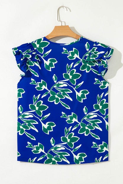 Blue V Neck Floral Print Double Ruffled Short Sleeve Blouse