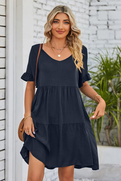 V-Neck Flounce Sleeve Tiered Dress Carauana Store