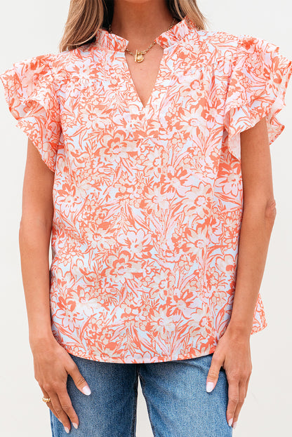 Orange Floral Ruffle Sleeve Split Neck Blouse