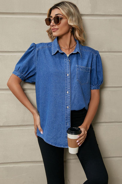 Puff Sleeve Collared Denim Top Carauana Store