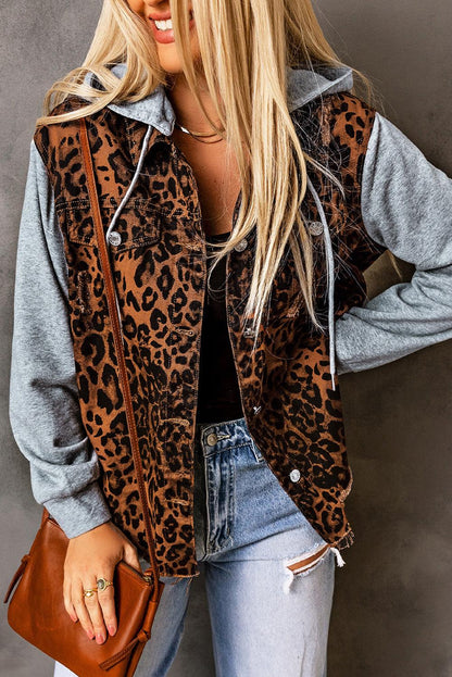 Leopard Distressed Drawstring Hooded Denim Jacket Carauana Store