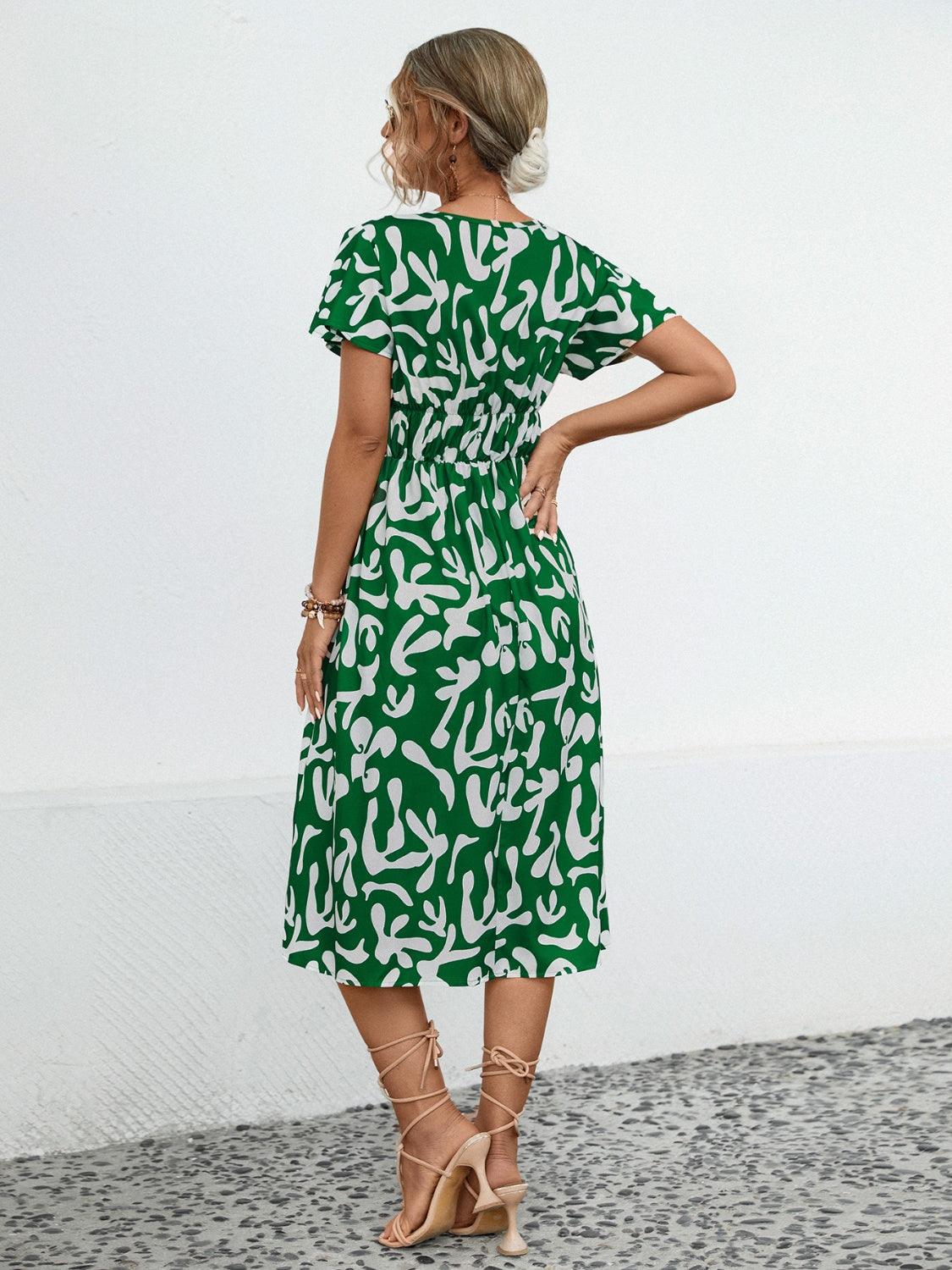 Printed V-Neck Short Sleeve Dress Carauana Store