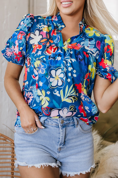 Blue Flower Print Collared V Neck Puff Short Sleeve Loose Blouse