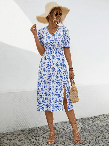 Slit Printed V-Neck Short Sleeve Dress Carauana Store