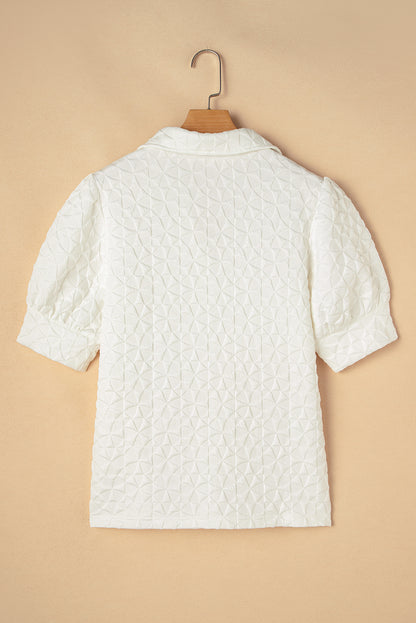 White Textured Puff Half Sleeve Collared V Neck Top