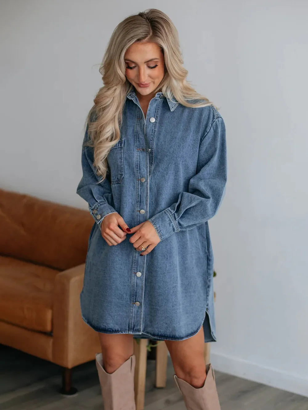 Button Up Collared Neck Long Sleeve Denim Dress Carauana Store