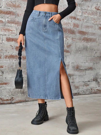 Slit High Waist Denim Skirt with Pockets Carauana Store