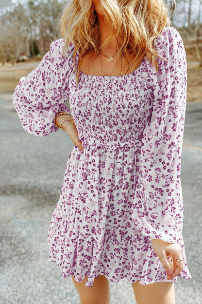 Smocked Floral Square Neck Balloon Sleeve Dress Carauana Store