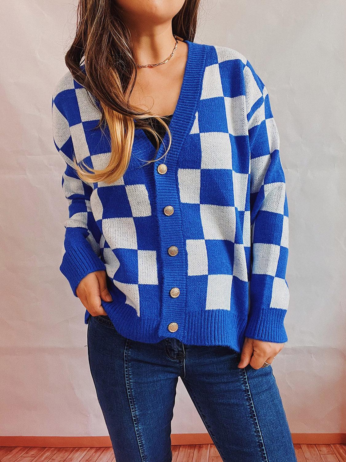 Checkered Open Front Button Up Cardigan Carauana Store