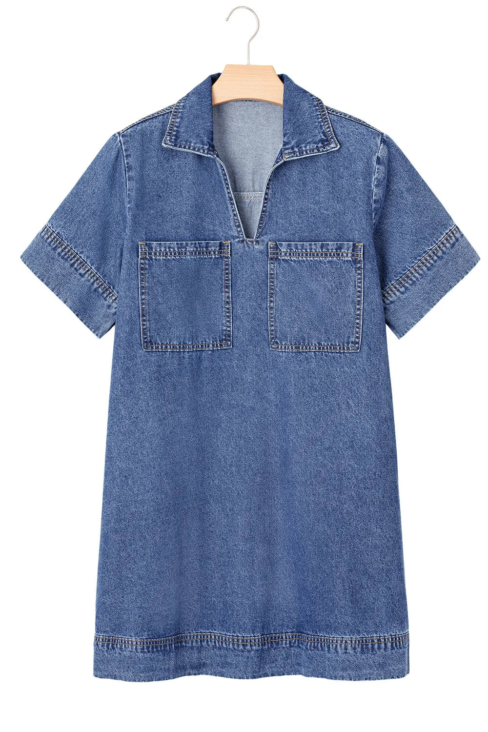 Short Sleeve Collared Patched Pocket Denim Mini Dress Carauana Store