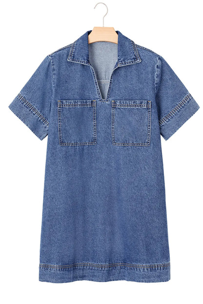 Short Sleeve Collared Patched Pocket Denim Mini Dress Carauana Store